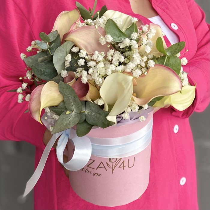 15 нежных калл с гипсофилой в коробке