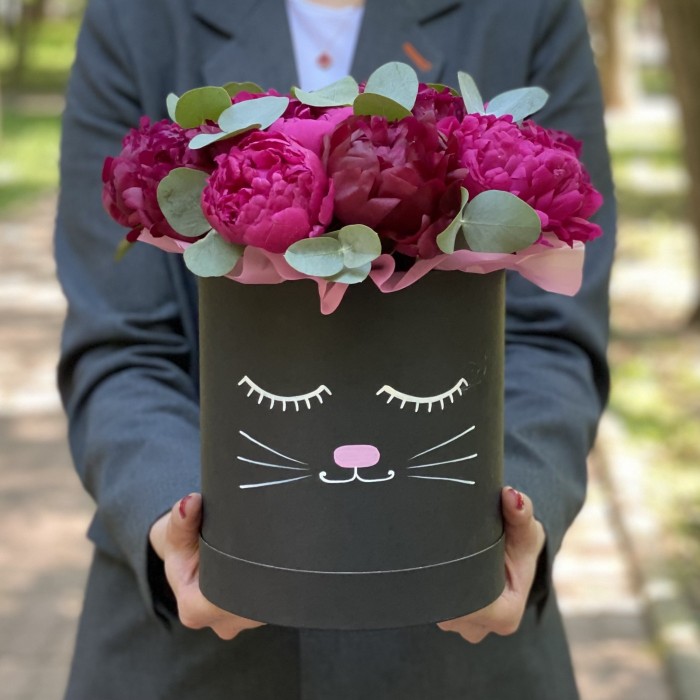 Композиция Кошечка с яркими пионами