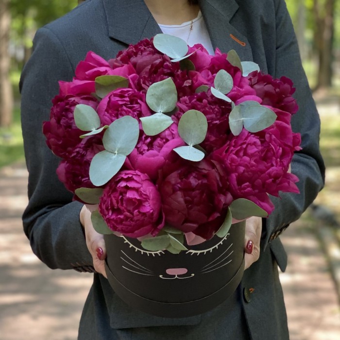 Композиция Кошечка с яркими пионами