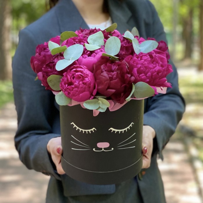 Композиция Кошечка с яркими пионами