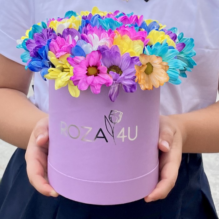 Лиловая коробка радужных хризантем