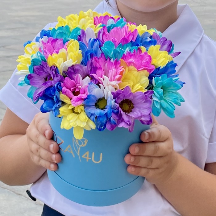 Голубая коробка радужных хризантем