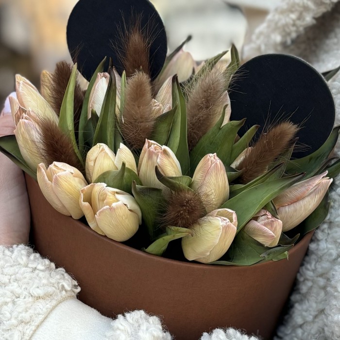 Коробка Мишка с тюльпанами мокко