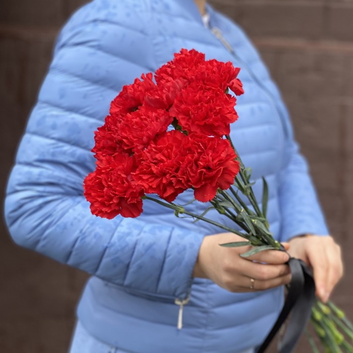 10 красных гвоздик с черной лентой