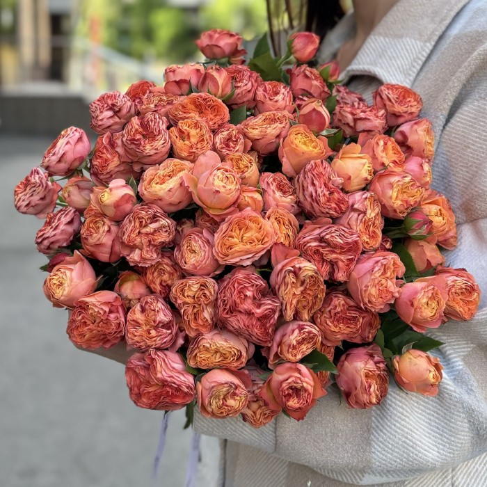 Кустовая пионовидная оранжевая роза Ля Мандарин