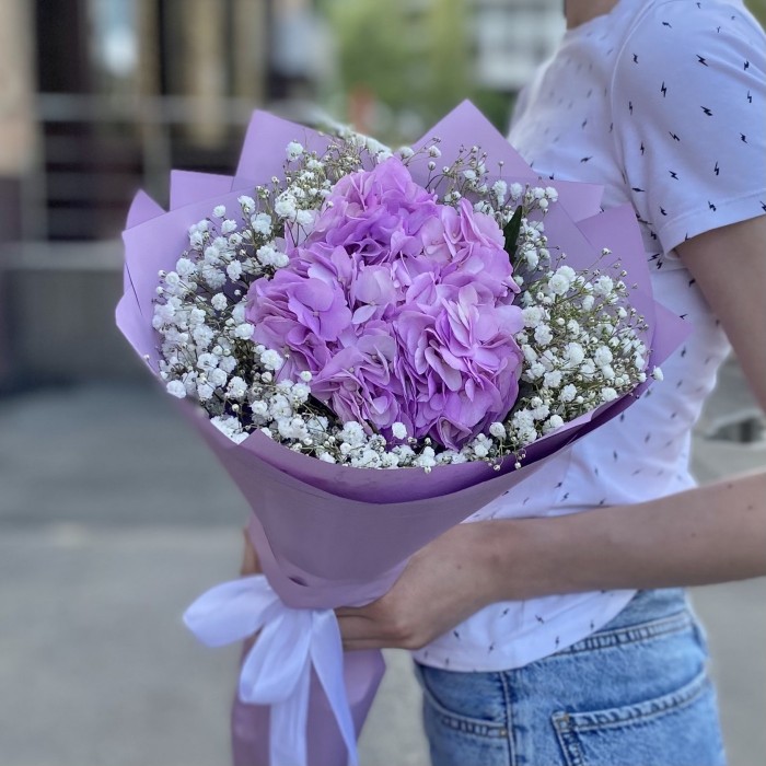 Лиловая гортензия с гипсофилой
