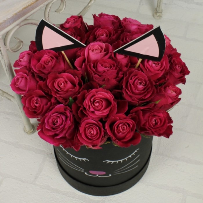 Малиновые розы в коробке Кот