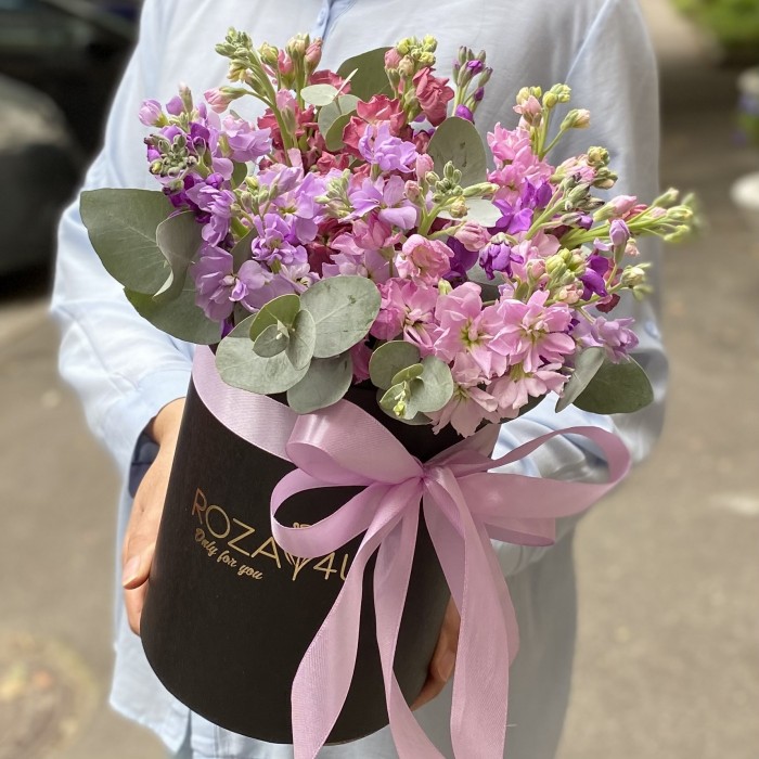 15 розовых и сиреневых маттиол в коробке