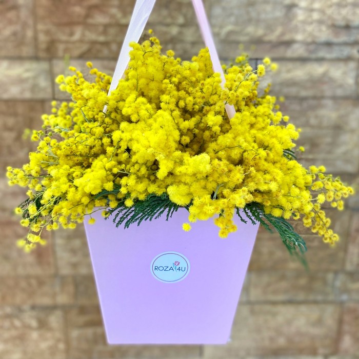Композиция из мимозы в коробке
