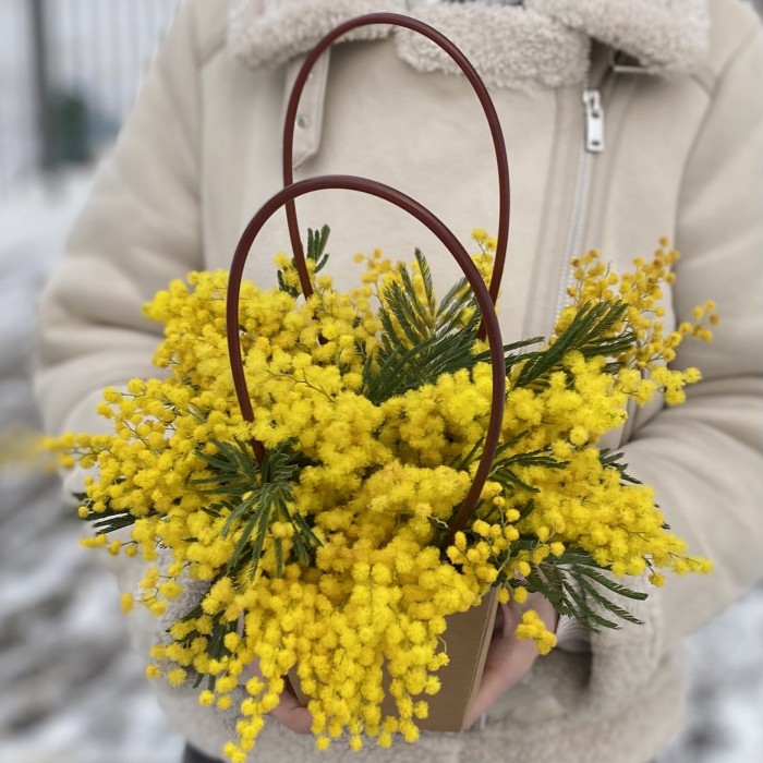 Композиция из мимозы в сумочке