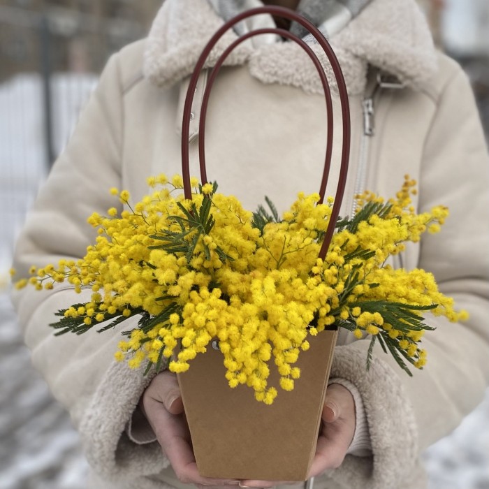 Композиция из мимозы в сумочке