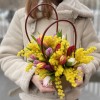Мини-композиция из мимозы и 15 тюльпанов