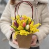 Мини-композиция из мимозы и 15 тюльпанов