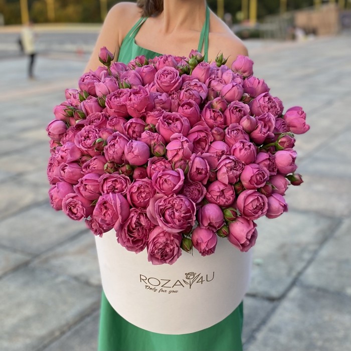 31 кустовая пионовидная роза Мисти Баблс в коробке