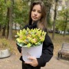 11 зеленых орхидей Цимбидиум с эвкалиптом в коробке