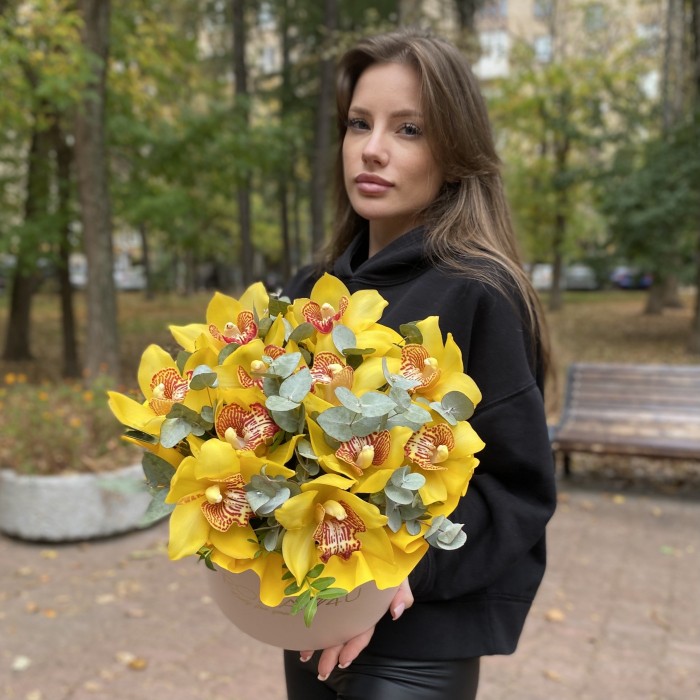 11 желтых орхидей Цимбидиум с эвкалиптом в коробке