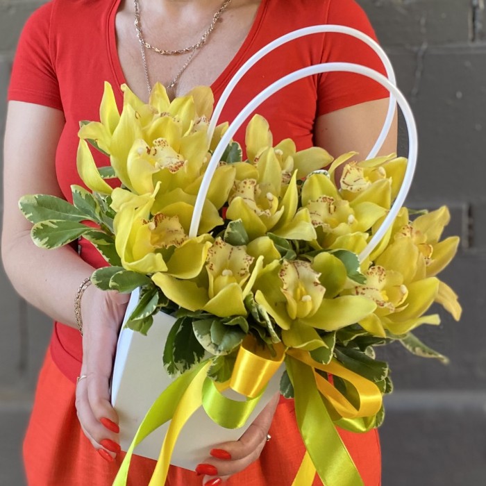 13 желтых орхидей Цимбидиум в сумочке