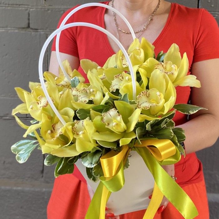 13 желтых орхидей Цимбидиум в сумочке