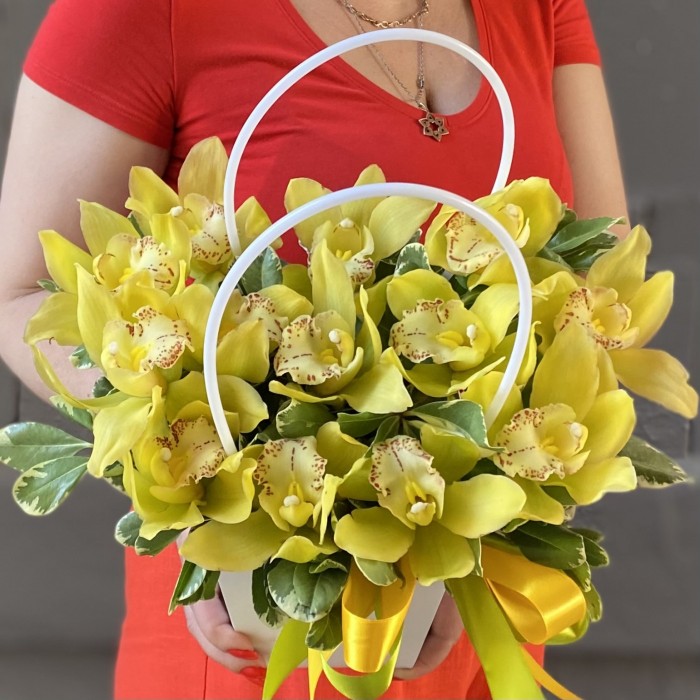 13 желтых орхидей Цимбидиум в сумочке