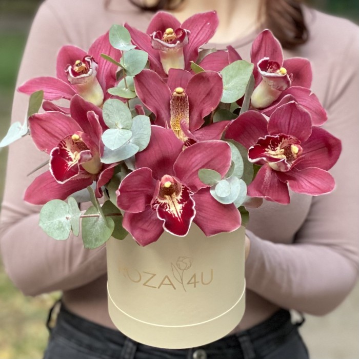 Орхидеи с эвкалиптом в  коробке