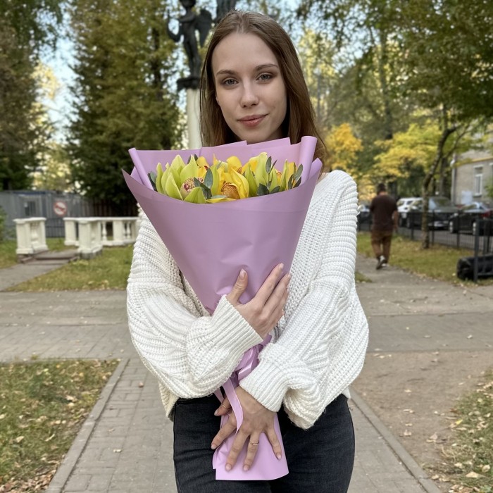 9 желтых и зеленых орхидей Цимбидиум