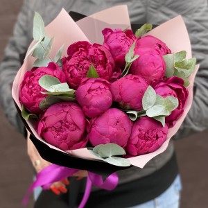 11 фиолетовых пионов с эвкалиптом