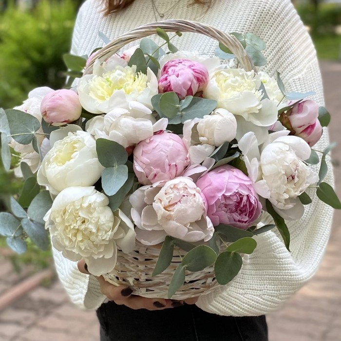 25 белых и розовых пионов в корзине