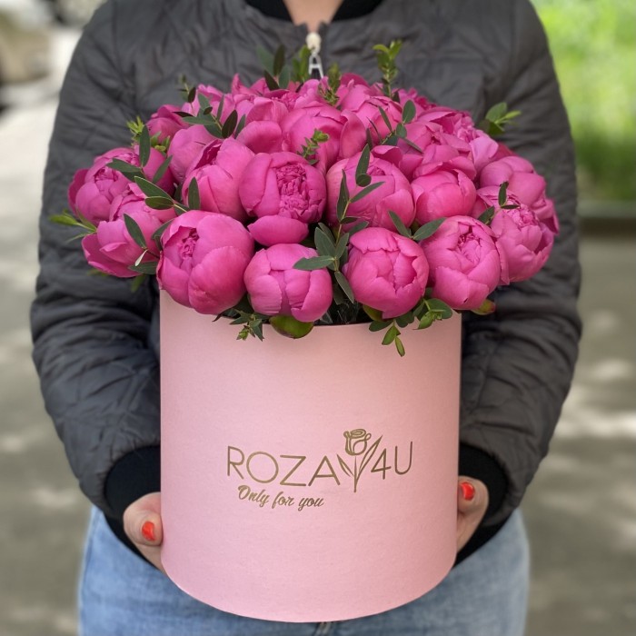 25 малиновых пионов в коробке