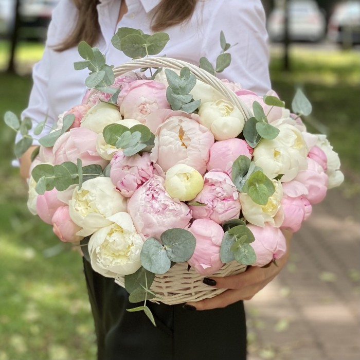 51 нежный пион с эвкалиптом в корзине