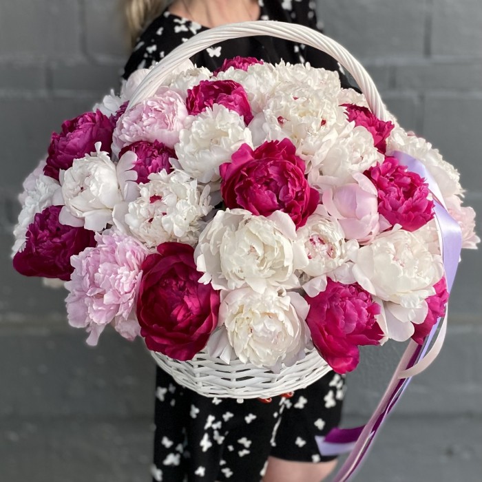 51 пион бело-малиновый микс в корзине