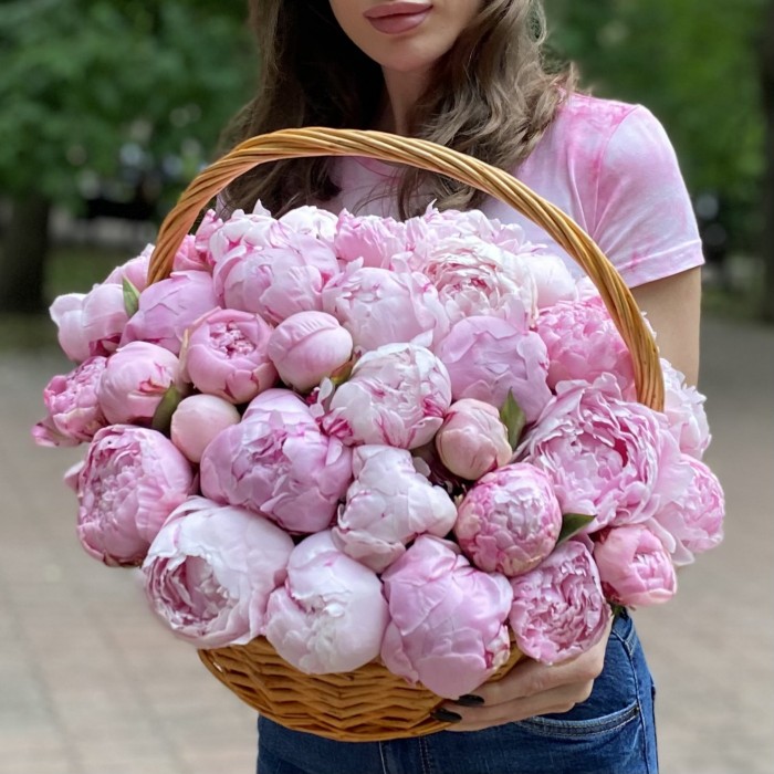 51 розовый пион Сара Бернар в корзине