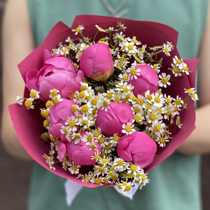 7 малиновых пионов Флеминг с танацетумом