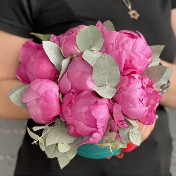 7 пионов Флеминг с эвкалиптом в коробке