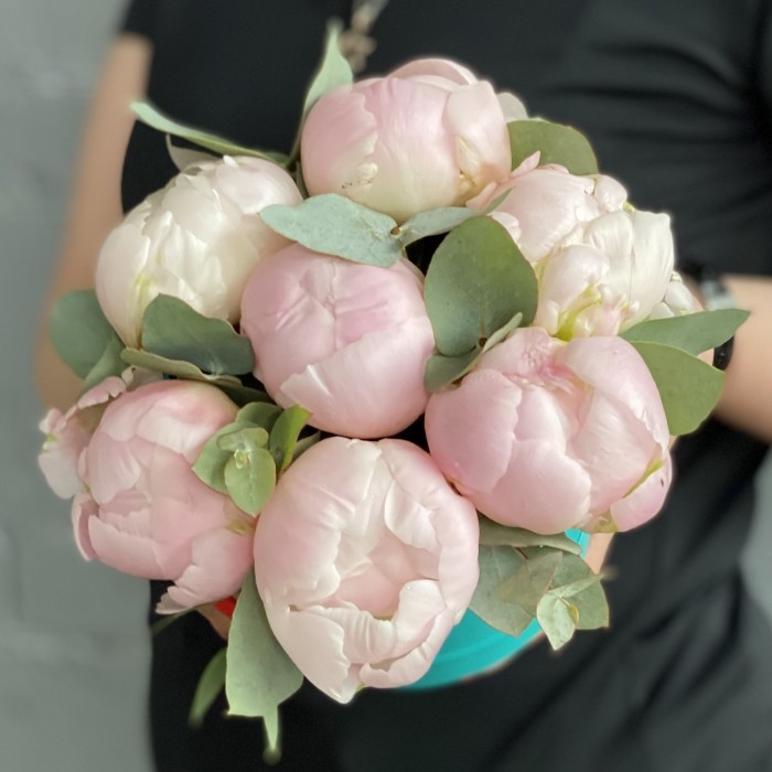 7 пионов Ангел чик с эвкалиптом в коробке