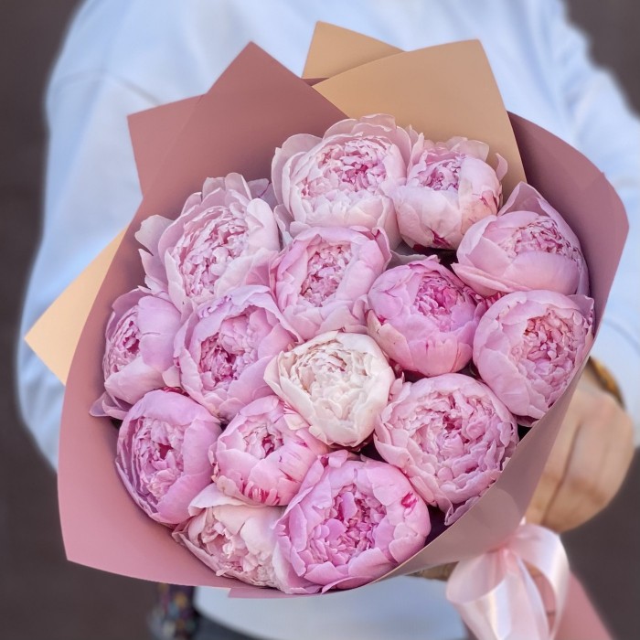Букет из 15 пионов Сара Бернар в упаковке