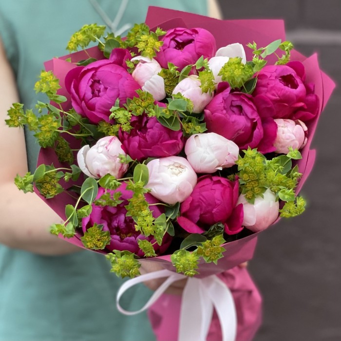 Букет из 15 малиновых и розовых пионов с буплерумом