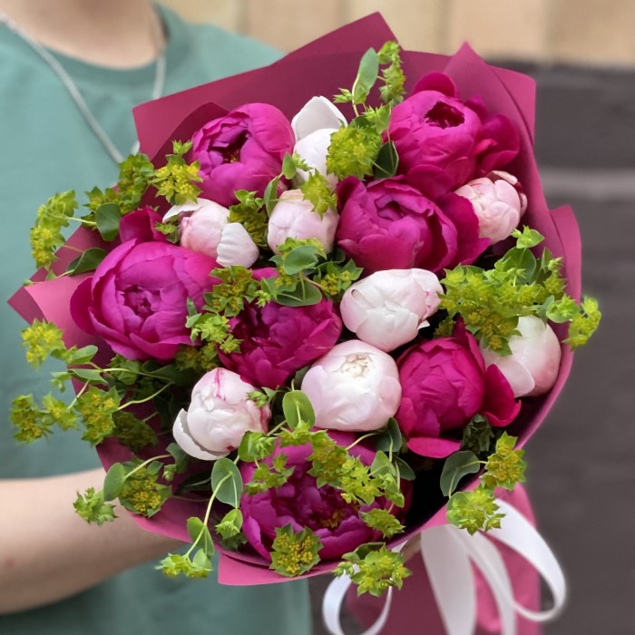 Букет из 15 малиновых и розовых пионов с буплерумом