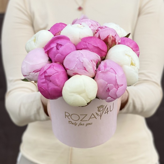 15 малиновых, розовых и белых пионов в коробке