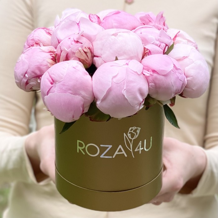 15 розовых пионов Сара Бернар в коробке