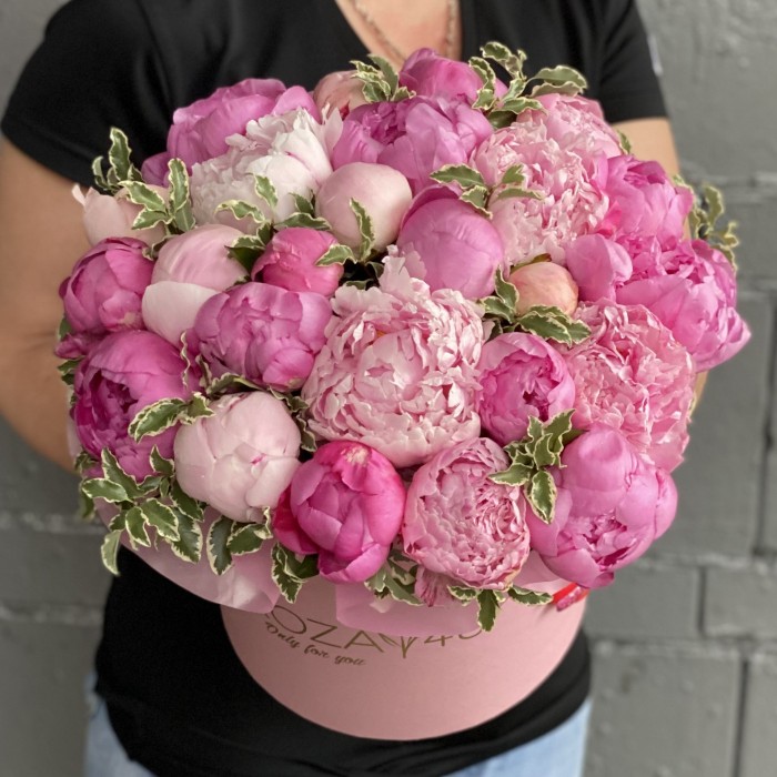 25 розовых пионов в коробке
