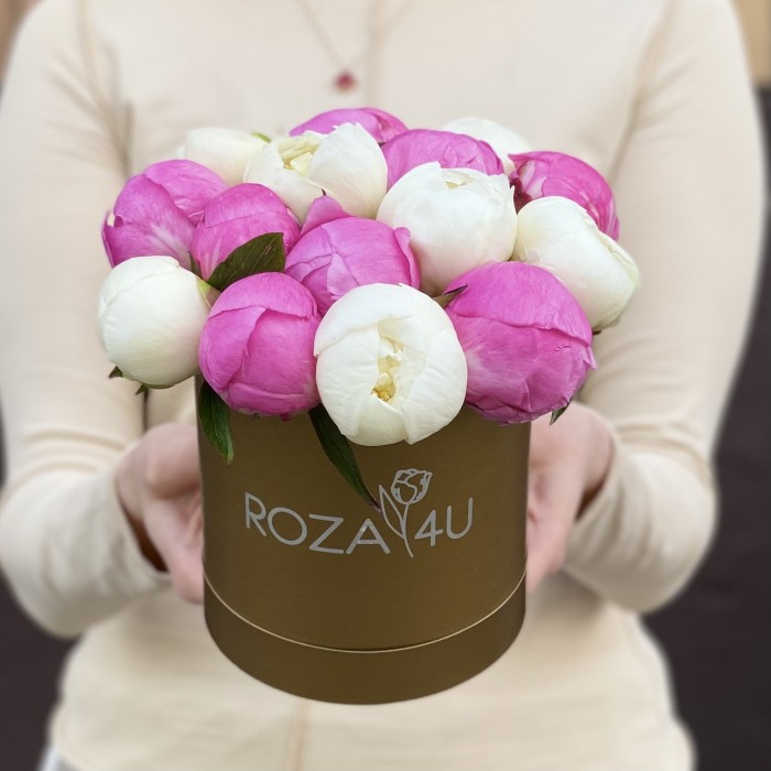 Дуэт из 15 малиновых и белых пионов в коробке