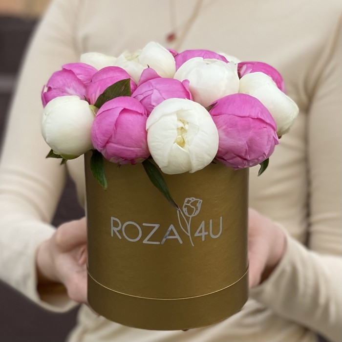 Дуэт из 15 малиновых и белых пионов в коробке