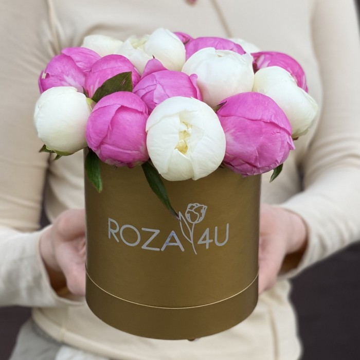 Дуэт из 15 малиновых и белых пионов в коробке