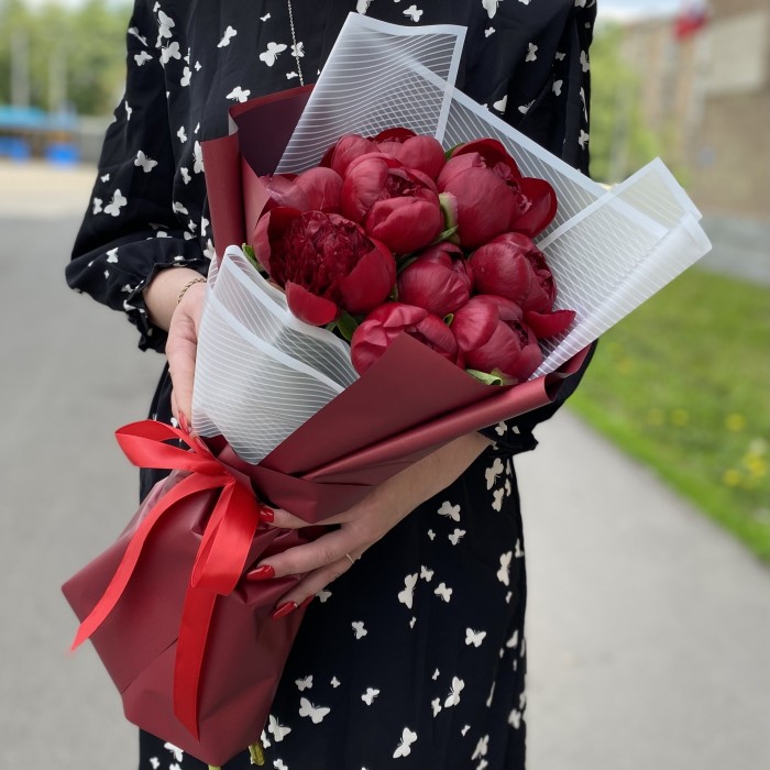 9 бордовых пионов Голландия