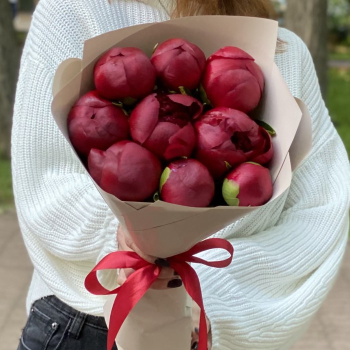 9 бордовых пионов