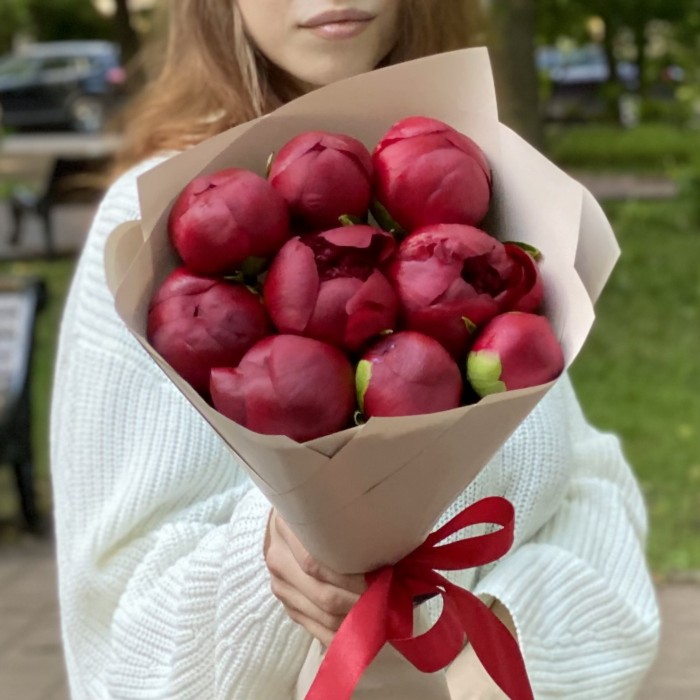 9 бордовых пионов