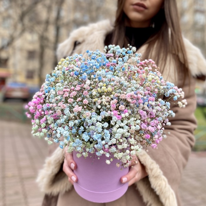 Радужная гипсофила в шляпной коробке