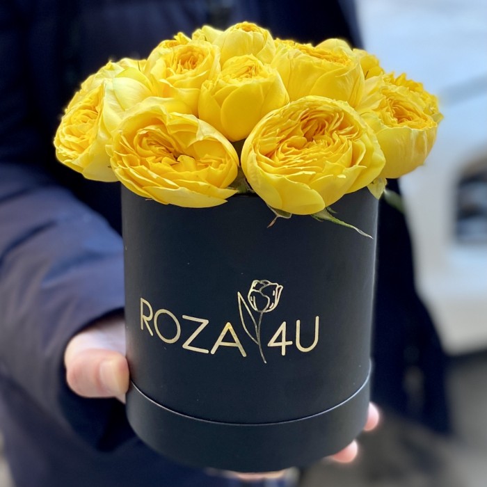Желтые пионовидные розы в черной коробке