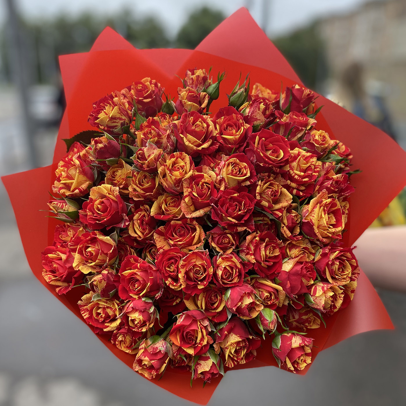 Букет из пламенных кустовых роз на День Святого Валентина