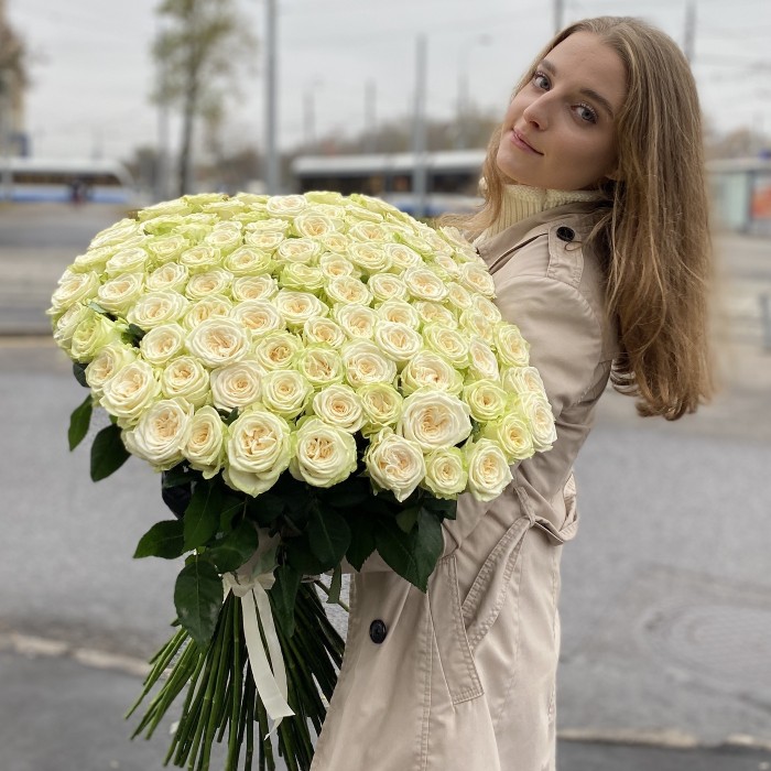 101 длинная белая роза Джувена